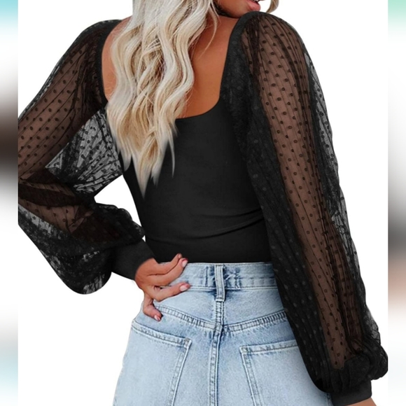 Women's Square Neck Long Sleeve Bodysuit Polka Dots Tops Sheer Basic Jumpsuit - Picture 3 of 7